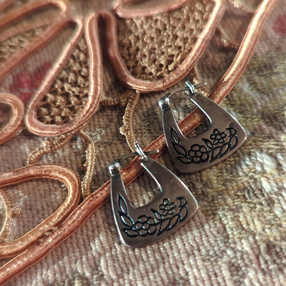 Petite feminine floral sterling silver hoops